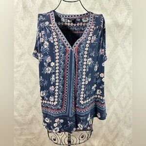 Lucky brand v neck navy floral print blouse size 2X